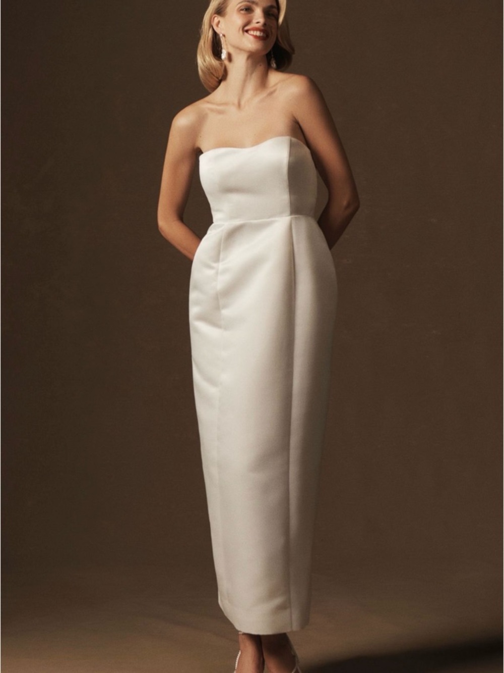 BHLDN Strapless Exaggerated Hip Midi Dress - Cream Column Gown